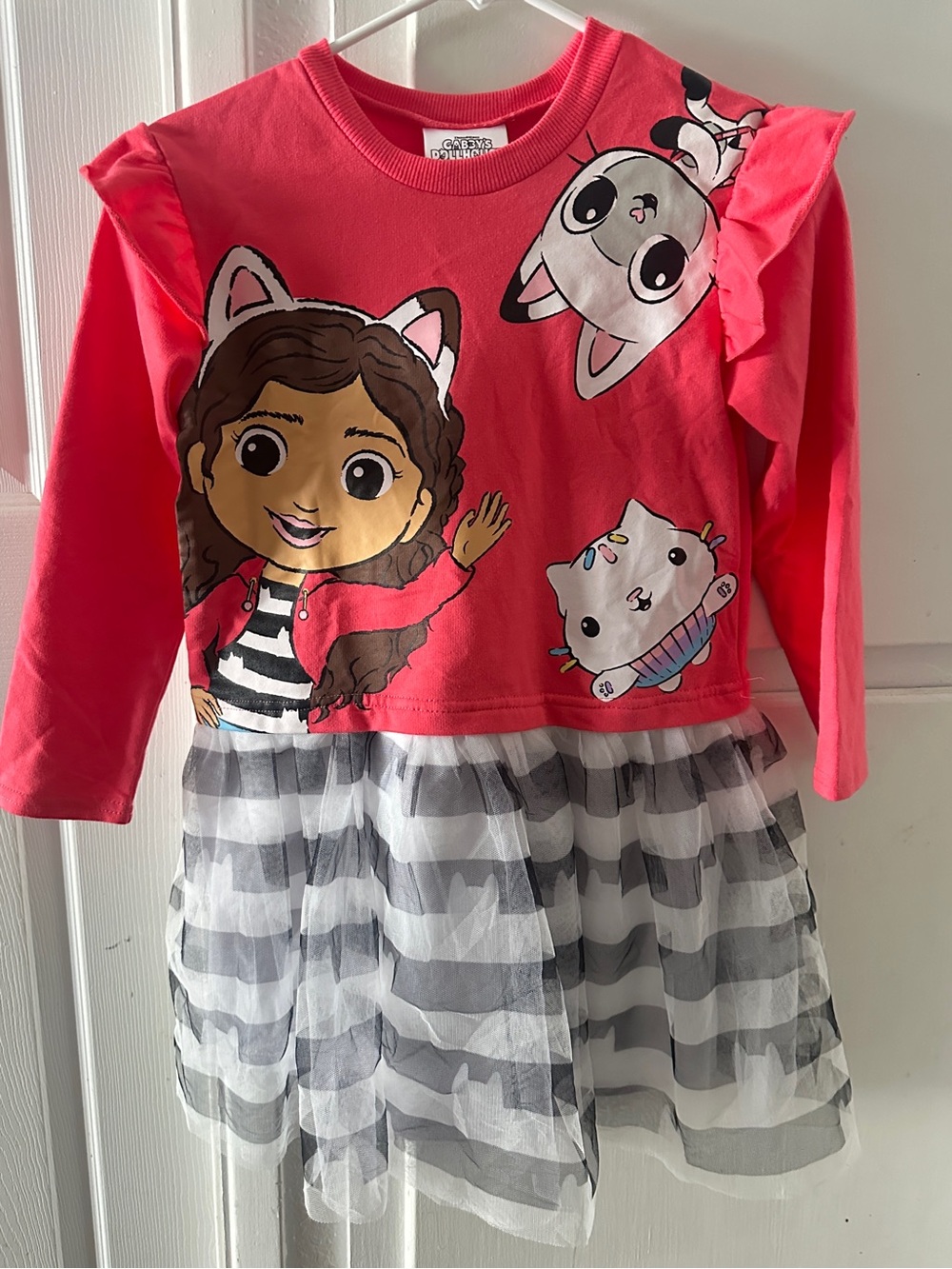 Dreamworks Coral Pink Character Ruffle Sleeve Dress with Striped Tulle Skirt